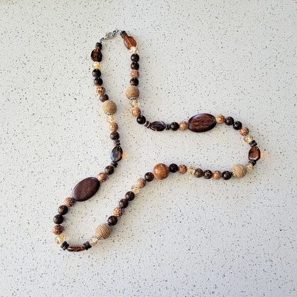 Artisan Wood, Amber & Fish Seed Agate Beaded Convertible Necklace or Bracelet - Picture 6 of 13